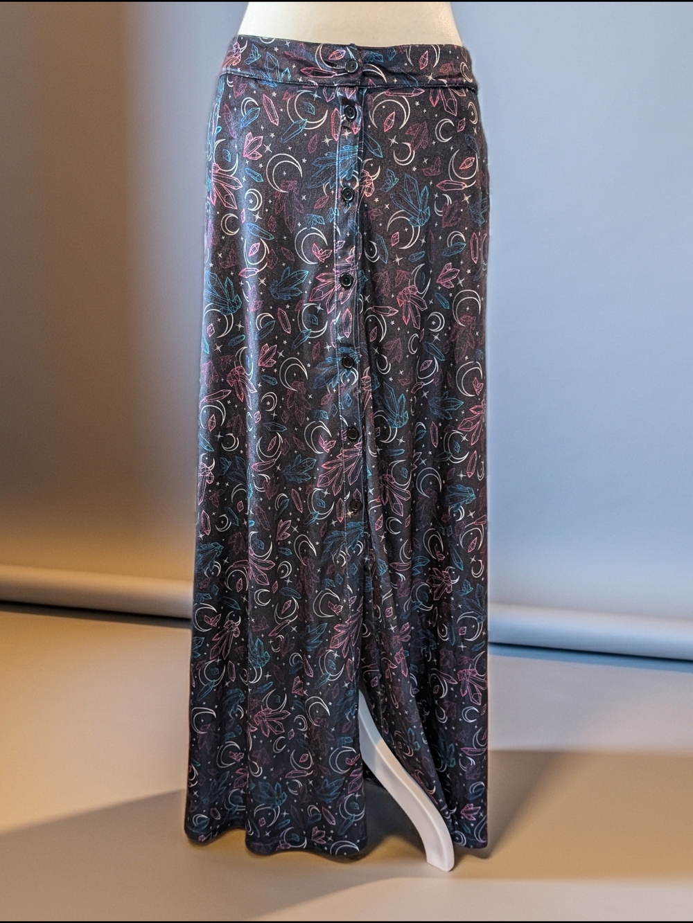 Disturbia Aura Purple/Black Gem & Moon Print Button-Front Maxi Skirt